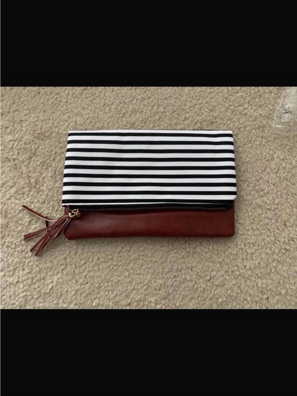 Striped Black & White Foldover Clutch with Brown Leather Trim